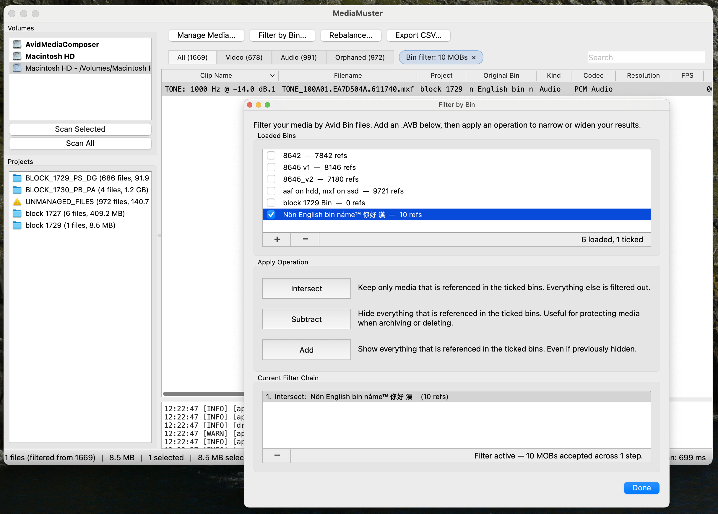 MediaMuster Filter by Bin window with loaded Avid bins and filtering operations