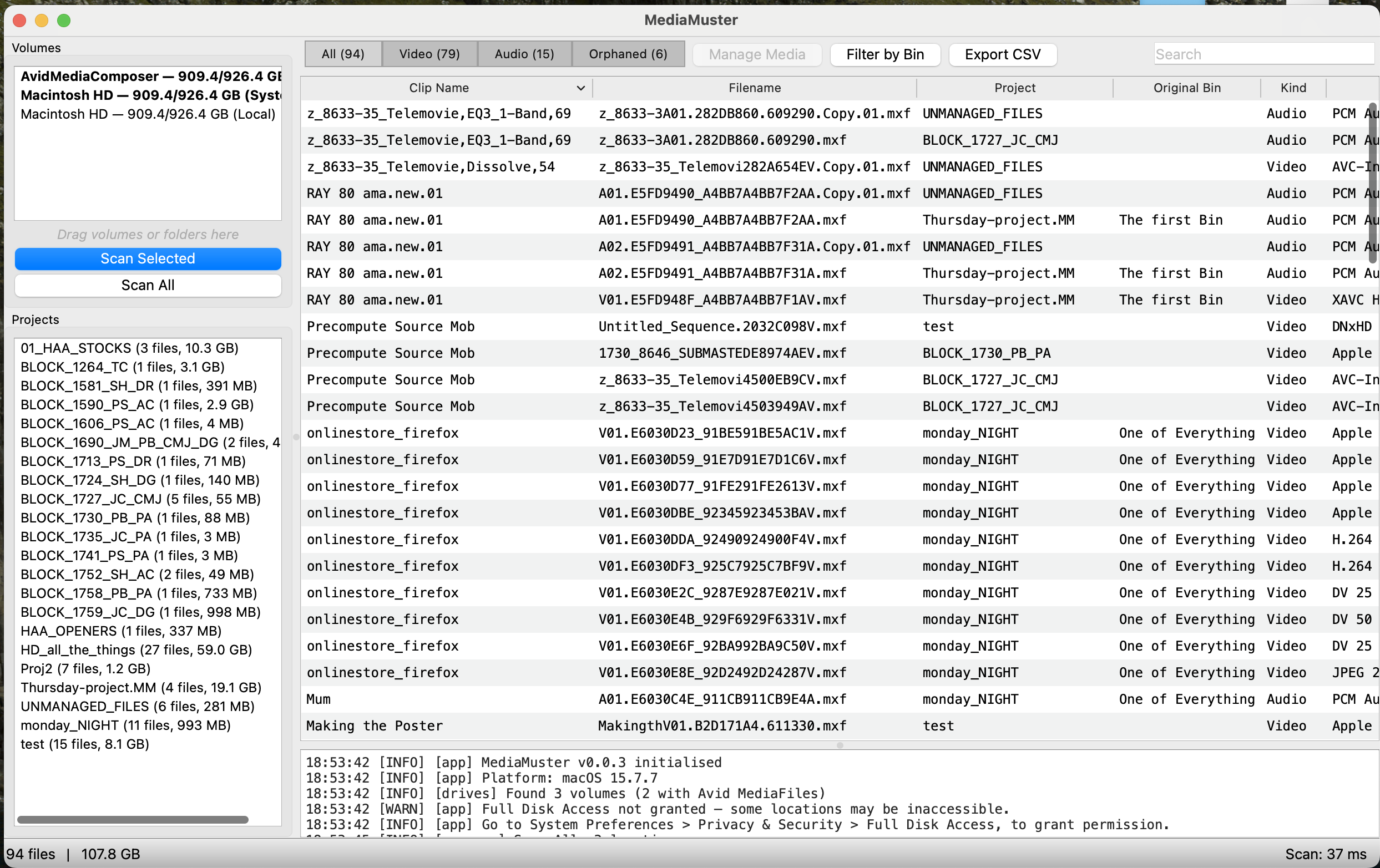 MediaMuster main window showing volumes, projects, and scanned media